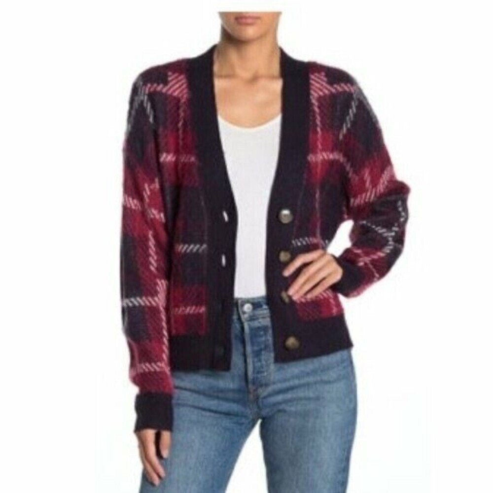 Abound women's Brushed plaid Cardigan Front Button In Red black Print Size S